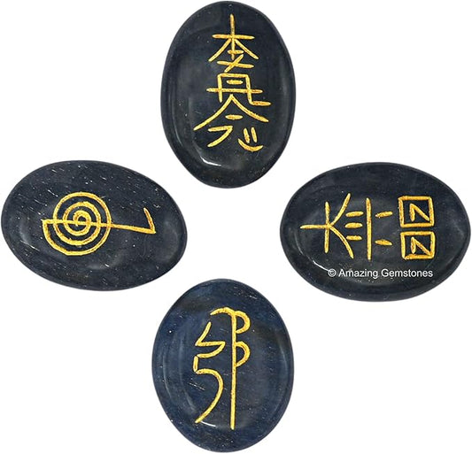 Amazing Gemstone Blue Aventurine Crystal Reiki Stones with Engraved Symbols for Usui Reiki Healing, Set of 4 Pcs (Indian Handmade Reiki Gift Set)