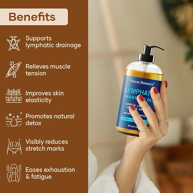 Lymphatic Drainage Massage Oil for Massage Therapy 8 fl oz - Refreshing and Relaxing - Natural Oils with Arnica, Vanilla and Lavender Oil - for Men and Women - Nexon Botanics