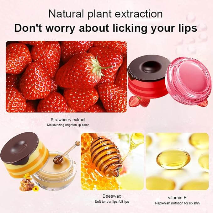 Honey & Strawberry Lip Balm Lip Mask, Hydrate Repair Prevent Dry Cracked Lip, Effective Reduces Lip Lines, Vitamin E Moisturizing Propolis Sleeping Lip Care