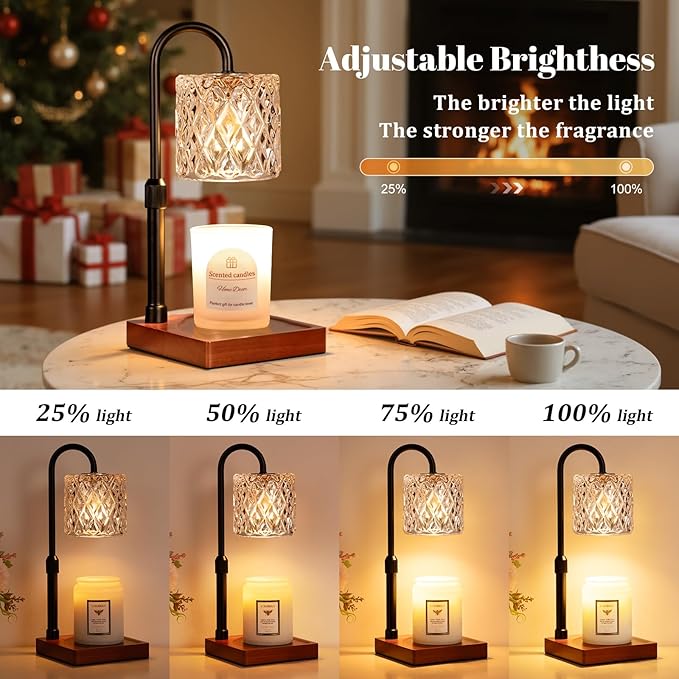 Candle Warmer Lamp with Timer -Dimmable Adjustable Height Wax Melt Warmer for Jar Candles,Vintage Home Decor with Elegant Amber Glass,Birthday Gifts for Women, Mom, Friend