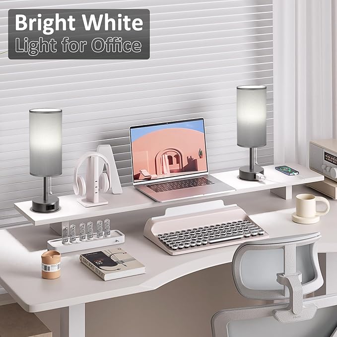 Fenmzee Dark Grey Bedside Table Lamps Set of 2-3 Color Temperatures Pull Chain Lamp with AC Outlet Charging Port, Small Round Night Stand Lamps for Bedroom, Bed Side Light with E26 LED Bulbs