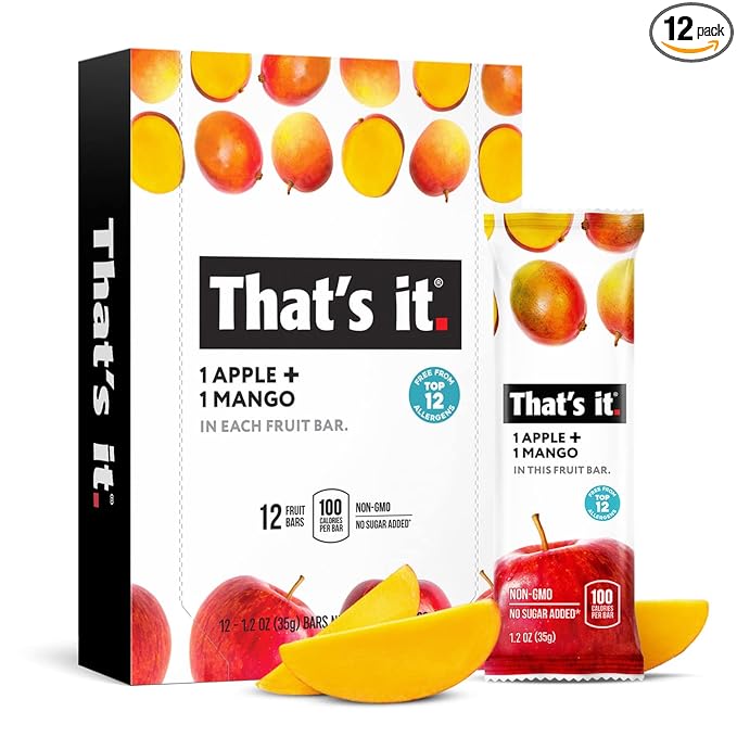That's it. Apple + Mango 100% Natural Real Fruit Bar, Best High Fiber Vegan, Gluten Free Healthy Snack, Paleo for Children & Adults, Non GMO No Sugar Added, No Preservatives Energy Food (12 Pack)