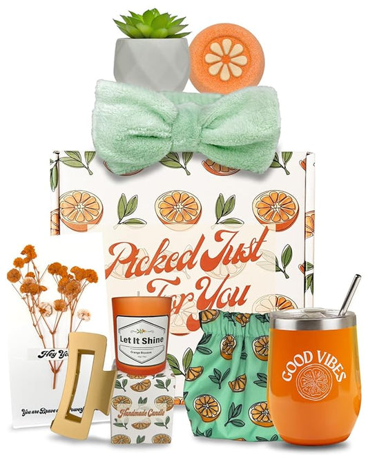 Sunny&Wise Orange Themed Gift Baskets for Women - Designed in USA - Care Package, Self Care Gifts, Get Well Soon, Thinking of You