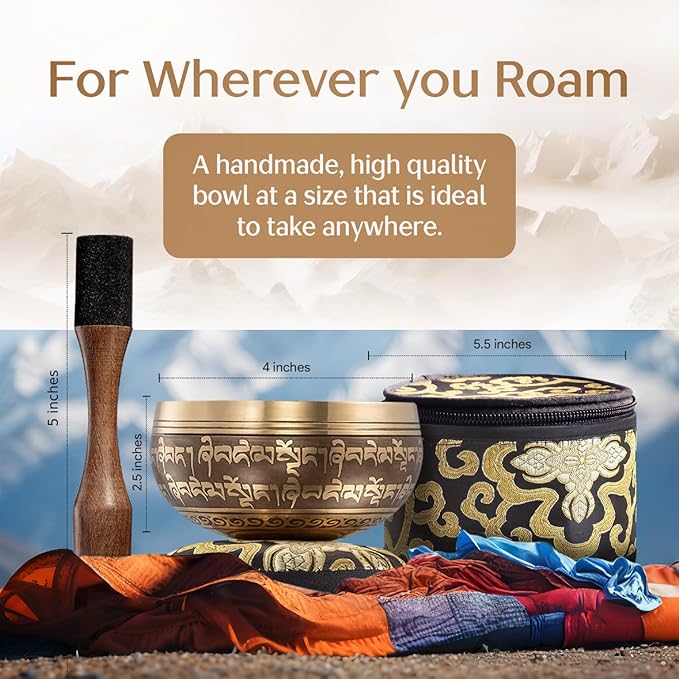 Handmade Tibetan Etched Singing Bowl Set with Case – Meditation Bowl & Sound Bowl with Cushion, Mallet & Guide – Portable Meditation Kit – Therapeutic Sound Devices – Yoga Accessories for Relaxation