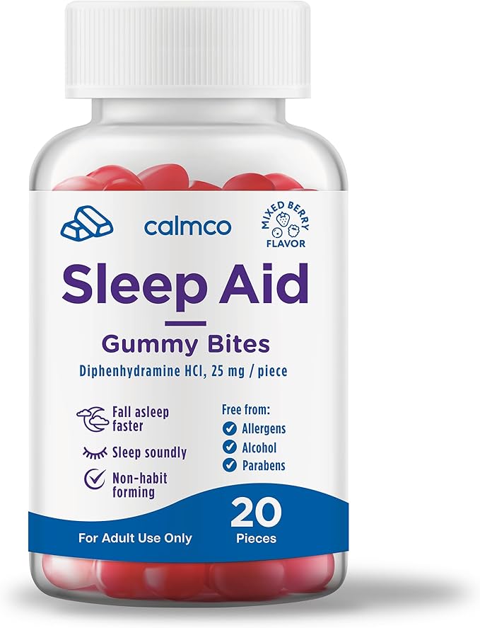 CalmCo Adult Sleep Aid Gummy Bites - Non-Habit Forming Sleep Support with 25mg Diphenhydramine, Easy-to-Chew Nighttime Sleep Aid Gummies, Promotes Better Sleep, and Fall Asleep Faster, 20 Count