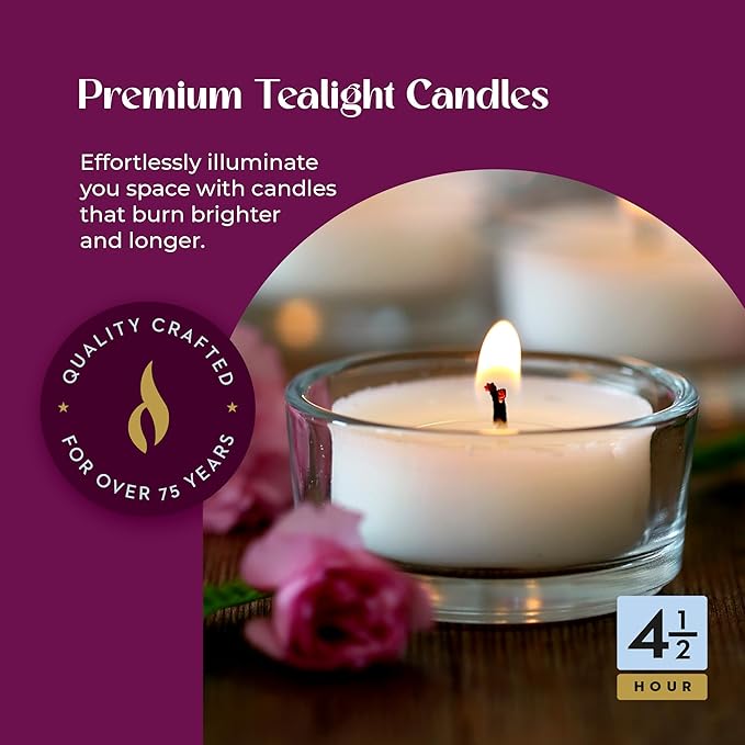 Lerner Clear Tea Lights Candles Bulk - 4.5 Hour Clear Cup Tealight 100 Pack - Consistent Smkless Clean Burning - Holiday, Wedding, Spa, Emergency and Home Decoration Candles
