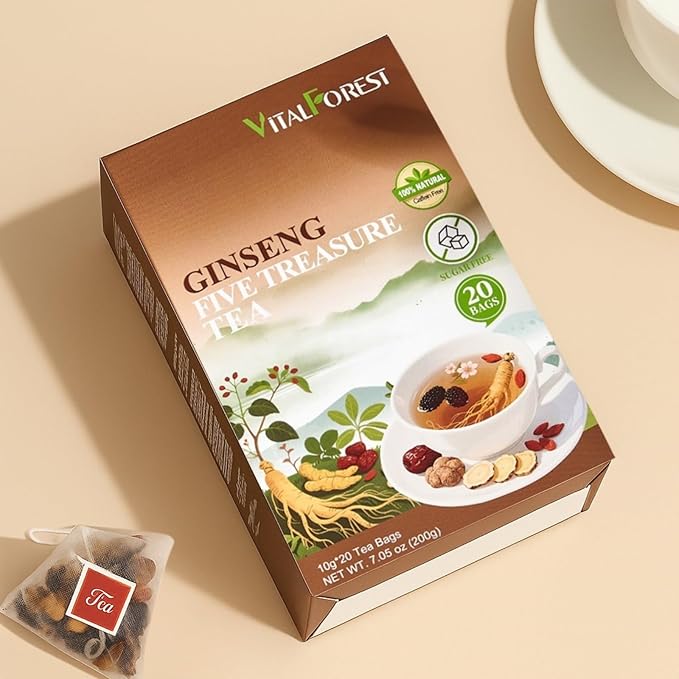 Kidney Tea Formula Ginseng Six Treasure Tea – 10g x 20 Bags Ginseng & Mulberry Herbal Tea Bags, Kidney Cleanse Detox Teas for Men & Women with Goji, Red Dates & Maca