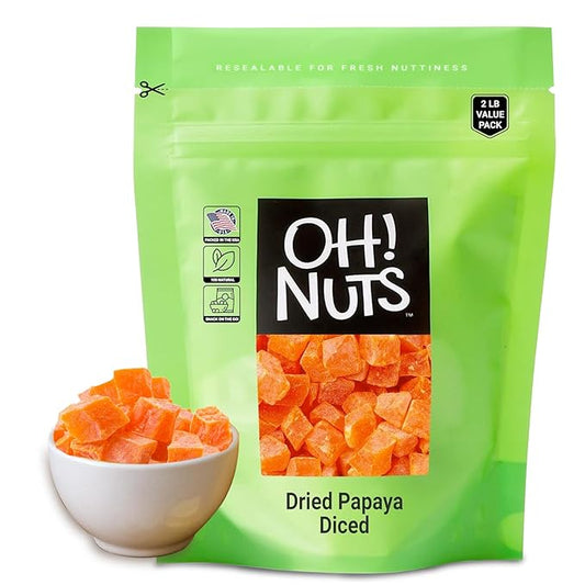 Oh! Nuts Dried Papaya Diced - 2 lb - Dried Fruit Diced - Less Sugar Added - Dehydrated Fruit Bites - Packed in New York Zip-Seal Bag for Exceptional Freshness