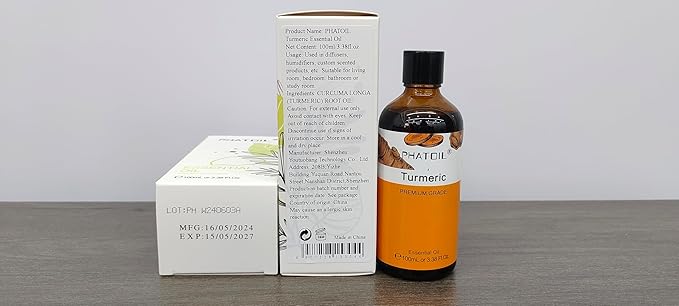 Turmeric 3.38fl.oz Essential Oil, PHATOIL Pure Aromatherapy Oils for Diffuser, Humidifier, Perfect for DIY Soap, Candle, Bath Bombs Making(100ml)