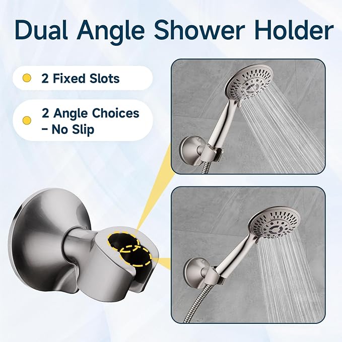 BRIGHT SHOWERS Strong Adhesive Shower Head Holder with Dual Angle Adjustable, Wall Mounted Handheld Shower Bracket, Easy Installation, Screw Mounting Options, Brushed Nickel
