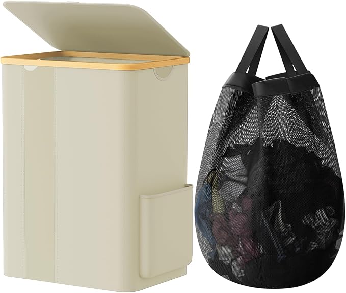 Laundry Basket Clothes Hamper with Lid and Pocket Large Collapsible Laundry Baskets with Handle, Freestanding Hampers for Bedroom Aesthetic, Dorm, Bathroom, Laundry Room (80L, Beige)