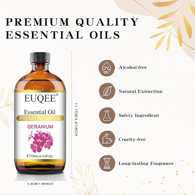 EUQEE Geranium Essential Oil 118 ml Pure Geranium Oil with Dropper for Diffusers, DIY, Skin Care, Massage, Aromatherapy (4 fl oz)