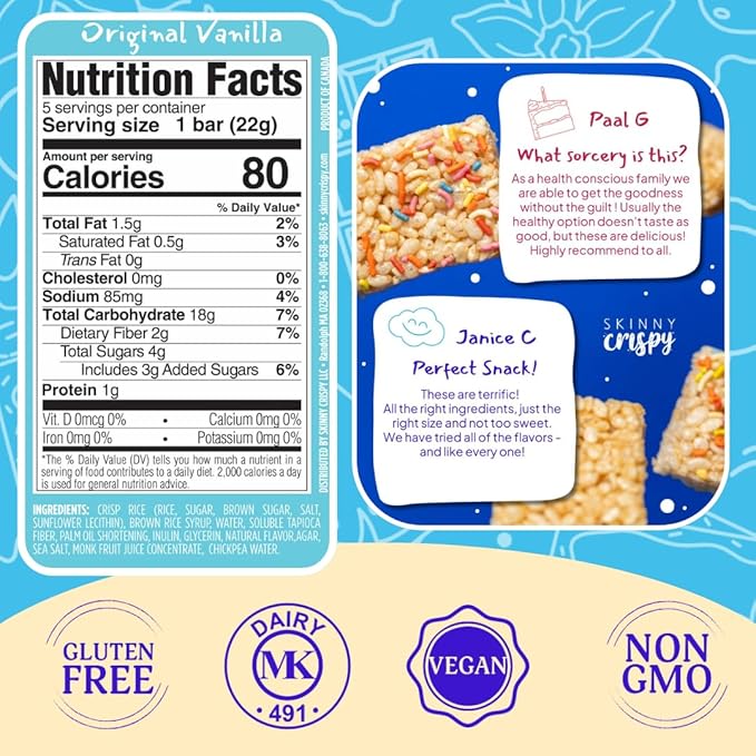 Skinny Crispy Original Vanilla Rice Treats – Low Sugar (4g), Vegan, Gluten-Free, Dairy-Free, Non-GMO, Top 9 Allergen-Free, Healthy Snack Bars, 15 Count