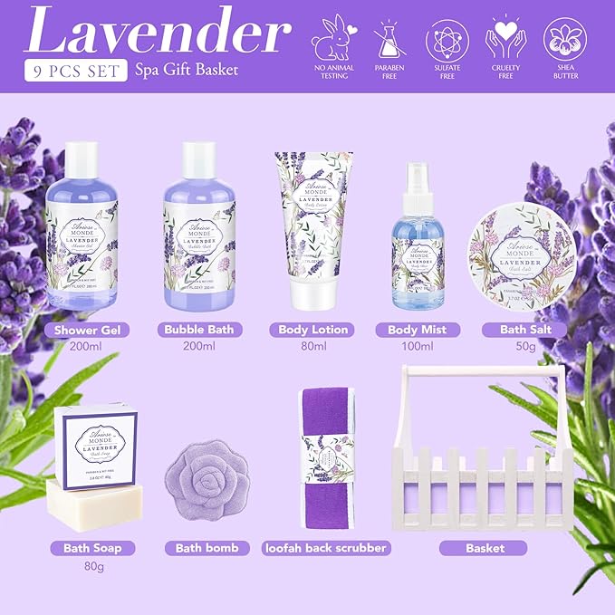 Lavender & Jasmine Scented Spa Gift Set for Women, Includes Body Lotion, Shower Gel, Salts, Bubble Bath, Body Mist, Soap, Bath Bombs