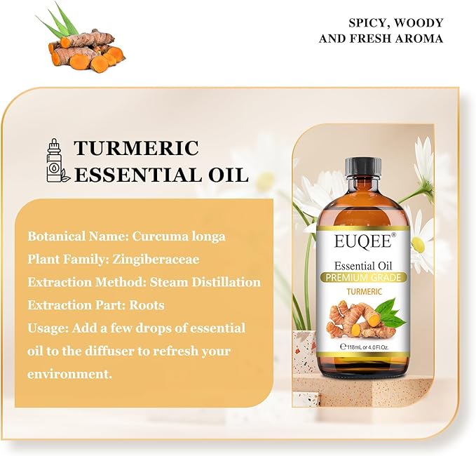EUQEE Turmeric Essential Oil 118 ml Pure Turmeric Essential Oil for Diffusers, Candle Making, DIY Soap - 4Fl. Oz