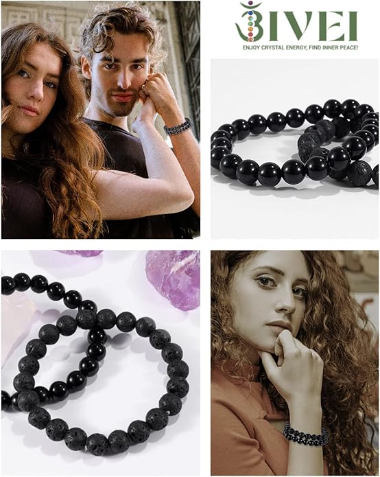 Bivei Natural Gemstone Semi Precious Healing Crystals Handmade Stretchy Round Beads Bracelet, Enhance Positive Energy