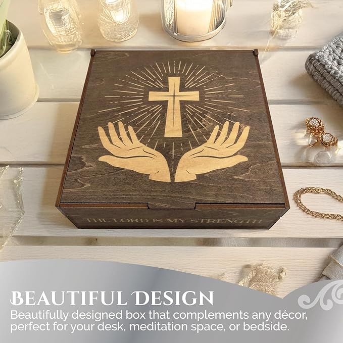 Biblical Affirmations Box | Christian Themed Engraved Wood Box with 72 Scripture Affirmation Heart Cutouts | Daily Motivational Religious Gift