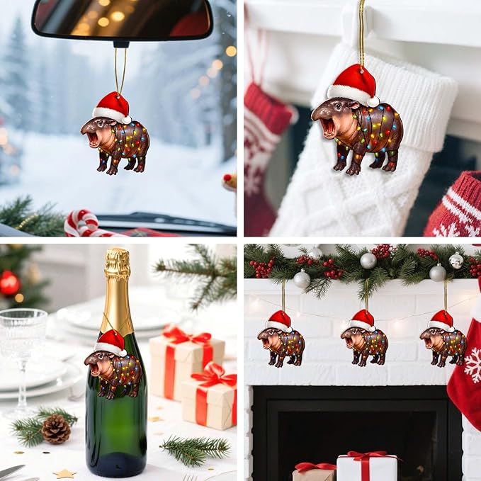 2 Side Printed Flat Christmas Wooden Ornaments, Animal Keepsake Hanging Tree Decoration, Moo Hippo Ornament