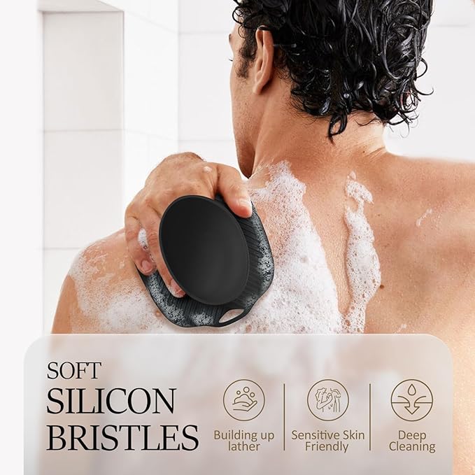 Soft Silicone Body Scrubber, Gentle Like a Hand Exfoliating Your Skin and Build Up Lather Easily, Back Large Suction Cup Easy to Store, Long-Lasting & Deep Clean (Black)