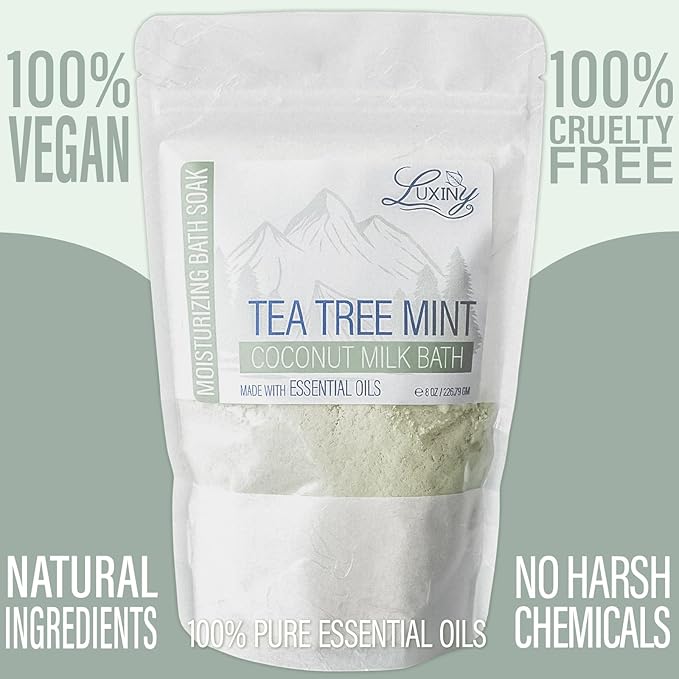 Luxiny Vegan Milk Bath Soak Made with Coconut Milk Powder & Sweet Almond Oil Which Creates A Bath Bomb Dust Soothing Fizz, 8oz (Tea Tree Mint)