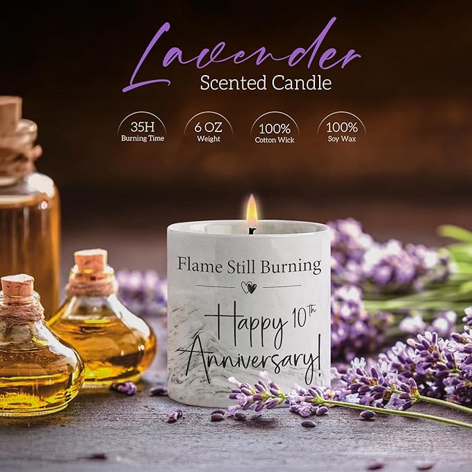 10th Anniversary Candle - 10th Anniversary Present for Him, Her, Wife, Husband, 10 Year Aniversario Gifts for Men & Women, Couple - 6 Oz Porcelain Lavender Candle