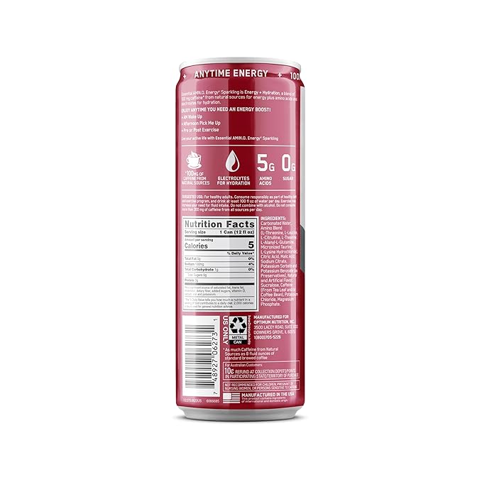 Optimum Nutrition Amino Energy Sparkling Hydration Drink, Electrolytes, Caffeine, Amino Acids, BCAAs, Sugar Free, Juicy Cherry, 12 Fl Oz, 12 Pack (Packaging May Vary)