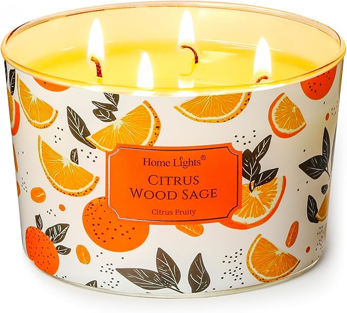 HomeLights Citrus Wood Sage Scented Candles | 18oz Soy Candles Eclectic Mixed Styles 4-Wick Large Candle Jars | Ideal Candle Gifts for Events, Home Decor Stress, Relief & Relaxation