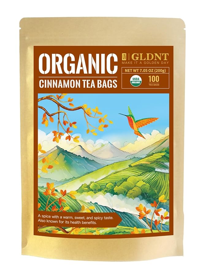 GLDNT Organic Cinnamon Tea Bags, Cinnamon Herbal Tea, Sweet & Slightly Spicy Flavor, Caffeine Free, 100 Count