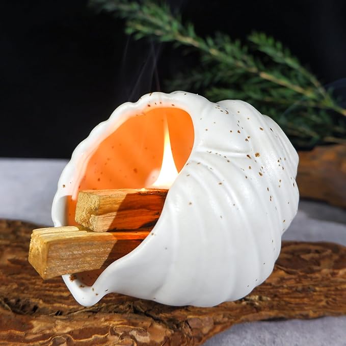 Ceramic Conch Palo Santo Burner Holder - Mini Chiminea Incense Chimney, for Smudging Sage/Cones、Perfect for Meditation Altar & Witchcraft Supplies, Ideal Spiritual Decor & Gift for Zen Spaces