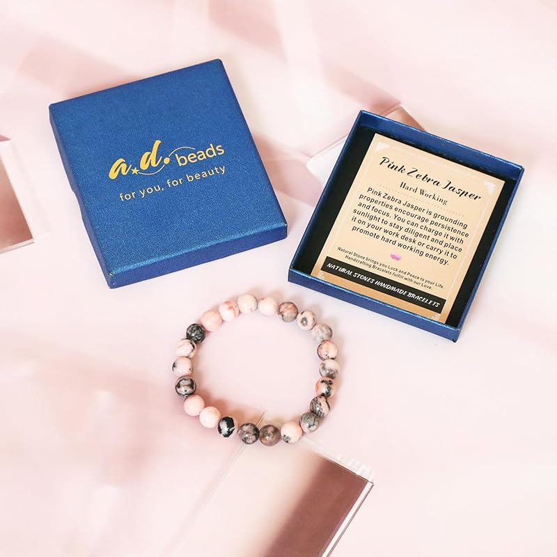 AD Beads Handmade Gemstone Stretch Elastic Bracelet Crystal Healing Reiki Nature's Beauty and Spiritual Essence Unisex (4mm, Pink Zebra Jasper (Hard Working))