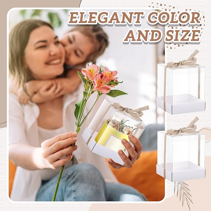 Cunno 36 Set 3.5 x 3.5 x 4.3 in Candle Package Transparent Gift Box 4-18 oz Handmade Tealight Candle Holder Bulk Paper Bottom Ribbon for Wedding Baby Shower Party Mug Cake Wine Glasses(White)
