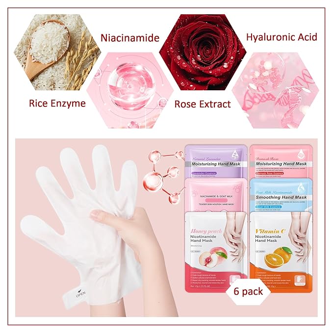 Hand Masks Moisturizing Gloves,6 Pairs Hydrating Hand Peel Masks Gift Set for Dry Cracked Hands Care,Long-lasting and Non-greasy Hand Moisturizer Gloves for Women P