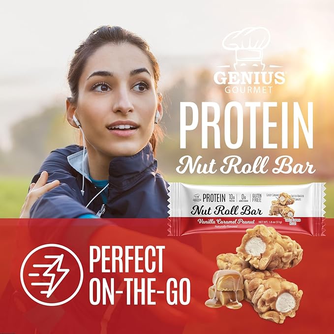Genius Gourmet Nut Roll Bars Vanilla Caramel Peanut – 10g Protien, Zero Added Sugar, Gluten Free, Non-GMO – Sweet Snack & Dessert for Adults and Kids – 10 Ct Box