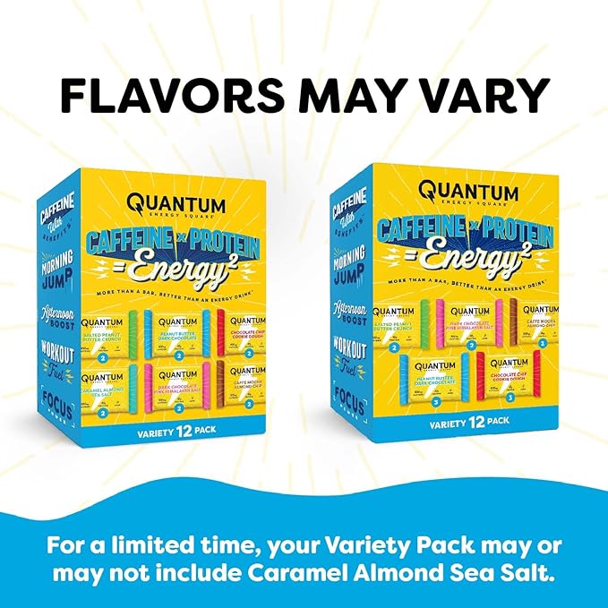 Quantum Energy Square: Energy Bar with Caffeine & 10g Protein. Delicious Healthy Snack On The Go. (Vegan, Gluten-free, Soy-free, Dairy-free) (Variety 12-Pack)