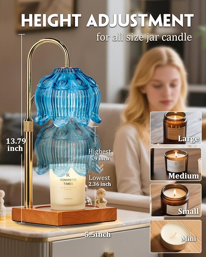 Candle Warmer Lamp with Timer Dimmable, Height Adjustable Birthday Gifts for Women Mom House Warming, Home Decor, Lotus Flower Candle Lamp Warmer 2 Bulbs Inc (Blue)