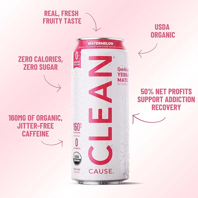 CLEAN Cause Zero Sugar Watermelon Yerba Mate Tea Sparkling, USDA Organic Energy Drink Alternative, Zero Calorie, 160mg Natural Caffeine, Soda Alternative, Plant-Based (16oz cans, 12-Pack Case)