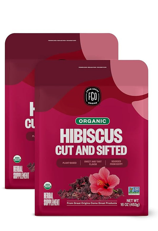 FGO Organic Hibiscus Flowers, Cut and Sifted Loose Tea, 16 Ounce Bulk Resealable Bag (Pack of 2)