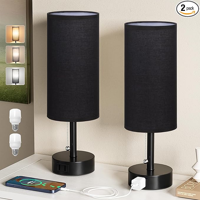 Fenmzee Black Bedside Table Lamps Set of 2-3 Color Temperatures Pull Chain Lamp with AC Outlet Charging Port, Round Night Stand Lamps for Bedroom Office, Small Bed Side Light with E26 LED Bulbs