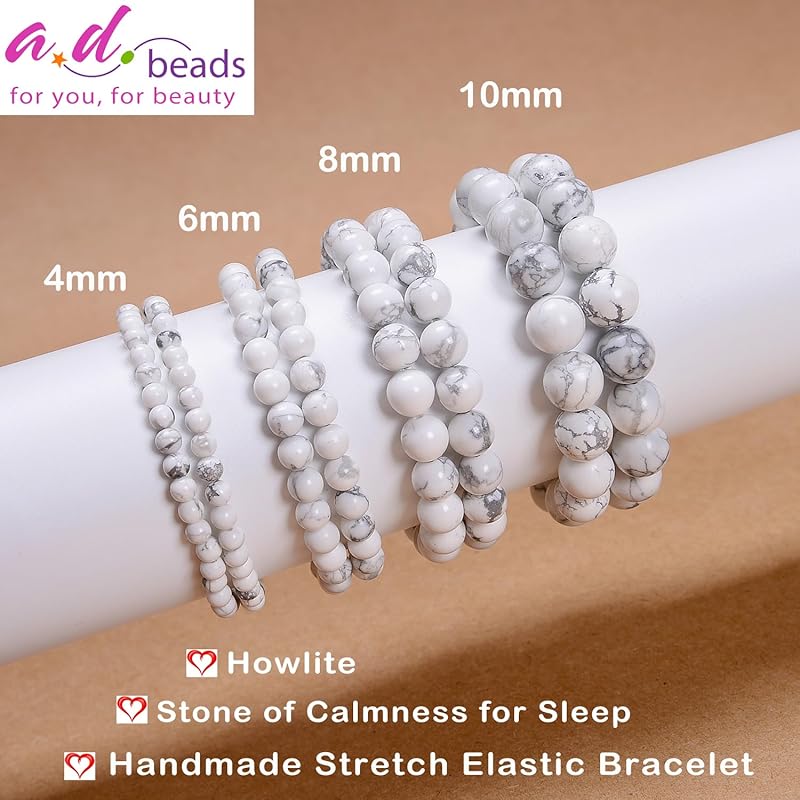AD Beads Handmade Gemstone Stretch Elastic Bracelet Crystal Healing Reiki Nature's Beauty and Spiritual Essence Unisex (8mm, Howlite (Calmness for Sleep))
