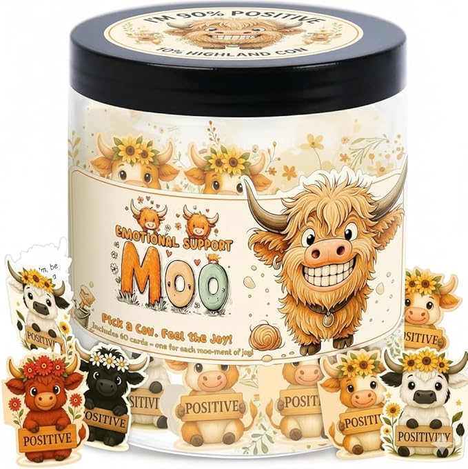 Positive Moo Jar with 60 Affirmation Cards - Emotional Support Moo, Highland Cow Gifts, Highland Cow Decor, Cow Decor, Highland Cow, Highland Cow Gift For Women, Cow Gifts