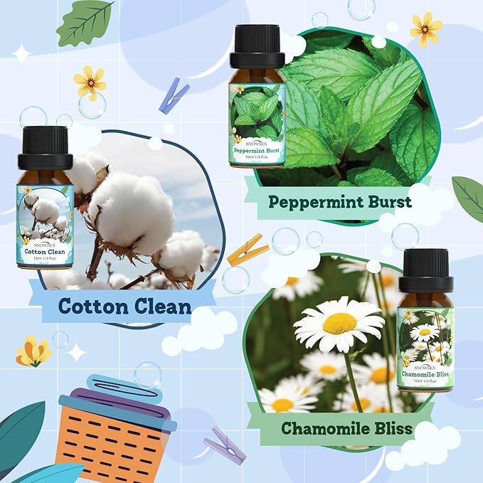 Laundry Fragrance Oils Set, SNOWSEN Clean Essential Oils for Diffuser, Wool Dryer Balls, Cotton Clean, Chamomile Bliss, Fresh Citrus, Lavender Field,Peppermint Burst, Lemon Zest, Freshie Scented Oil