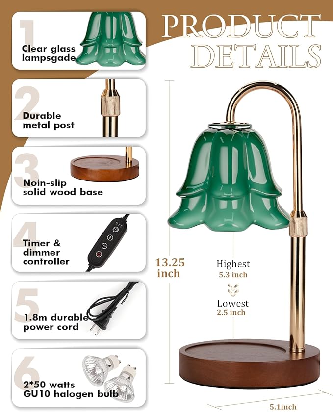 Candle Warmer Lamp with Timer Dimmable, Height Adjustable Birthday Gifts for Women Mom House Warming, Home Decor, Lotus Flower Candle Lamp Warmer 2 Bulbs Inc (Green-1)