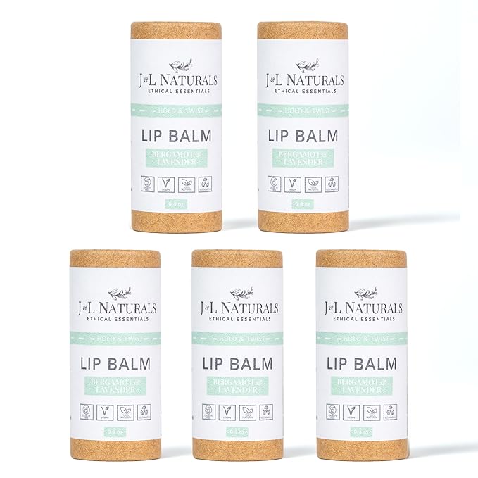 J&L Naturals Sustainable Lip Balm | Organic Ingredients, 100% Natural, Eco-Friendly | Cruelty Free, Vegan, Paraben Free, Silicone Free (Bergamot & Lavender, 5-Piece Bundle)