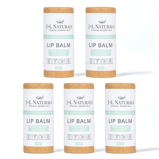 J&L Naturals Sustainable Lip Balm | Organic Ingredients, 100% Natural, Eco-Friendly | Cruelty Free, Vegan, Paraben Free, Silicone Free (Bergamot & Lavender, 5-Piece Bundle)