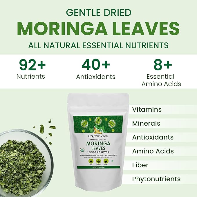 Organic Veda Moringa Tea Leaves - 100% Organic Dried Leaves - Moringa Oleifera Loose Leaf for Herbal Tea - Antioxidants Rich, Naturally Boosts Energy, Supports Digestion & Immune System - 7oz