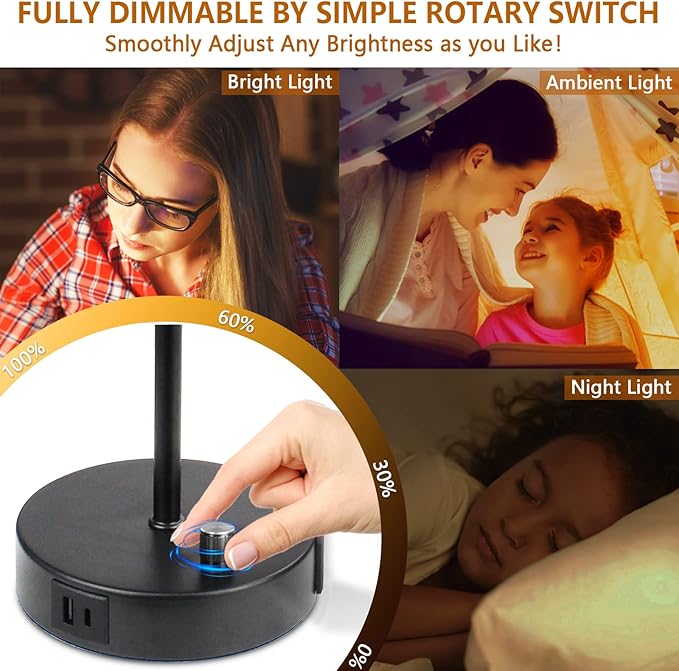 HiBay 17.75" H Dimmable LED Bedside Table Lamps Set of 2with USB Charging Ports & AC Outlet, Modern Black Nightstand Lights for Bedroom, Office, Living Room, Kids Room, E26 Bulb Included