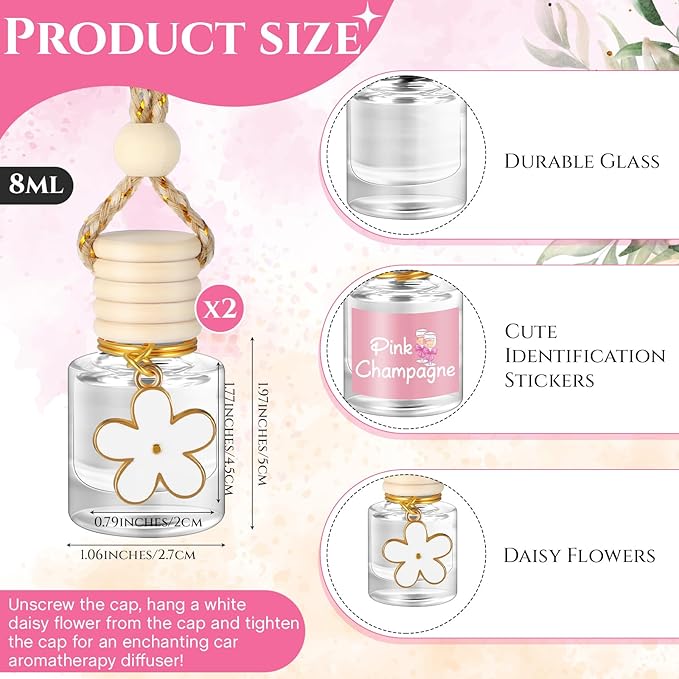 2 Sets Hanging Car Air Freshener and Essential Oil Diffuser, Car Air Freshener Daisy Essential Oil Diffuser Long Lasting Automobile Aromatherapy(White,Pink Champagne)