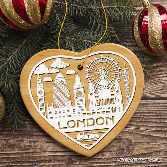 London City Unique Paper Art Themed Ceramic Christmas Ornament (Heart)