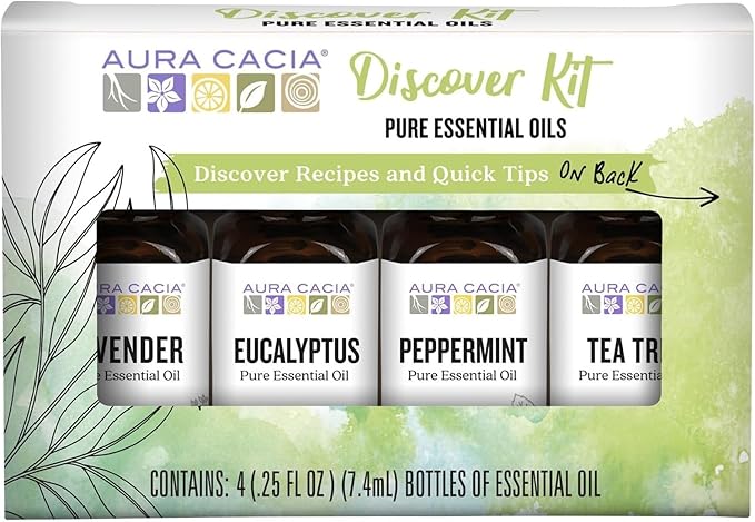 Aura Cacia Discover Essential Oils Kit, 4-Pack, Lavender, Eucalyptus, Peppermint & Tea Tree Oils, Excellent Starter Set