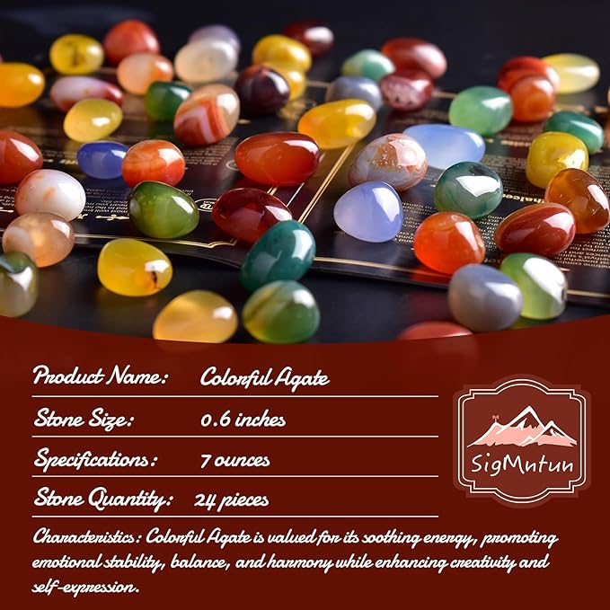 Colorful Agate Healing Crystal Stone Set - 24 Pieces, 0.6" Natural & Polished Stones for Healing, Meditation, Reiki, Chakra, Crafting & Decoration